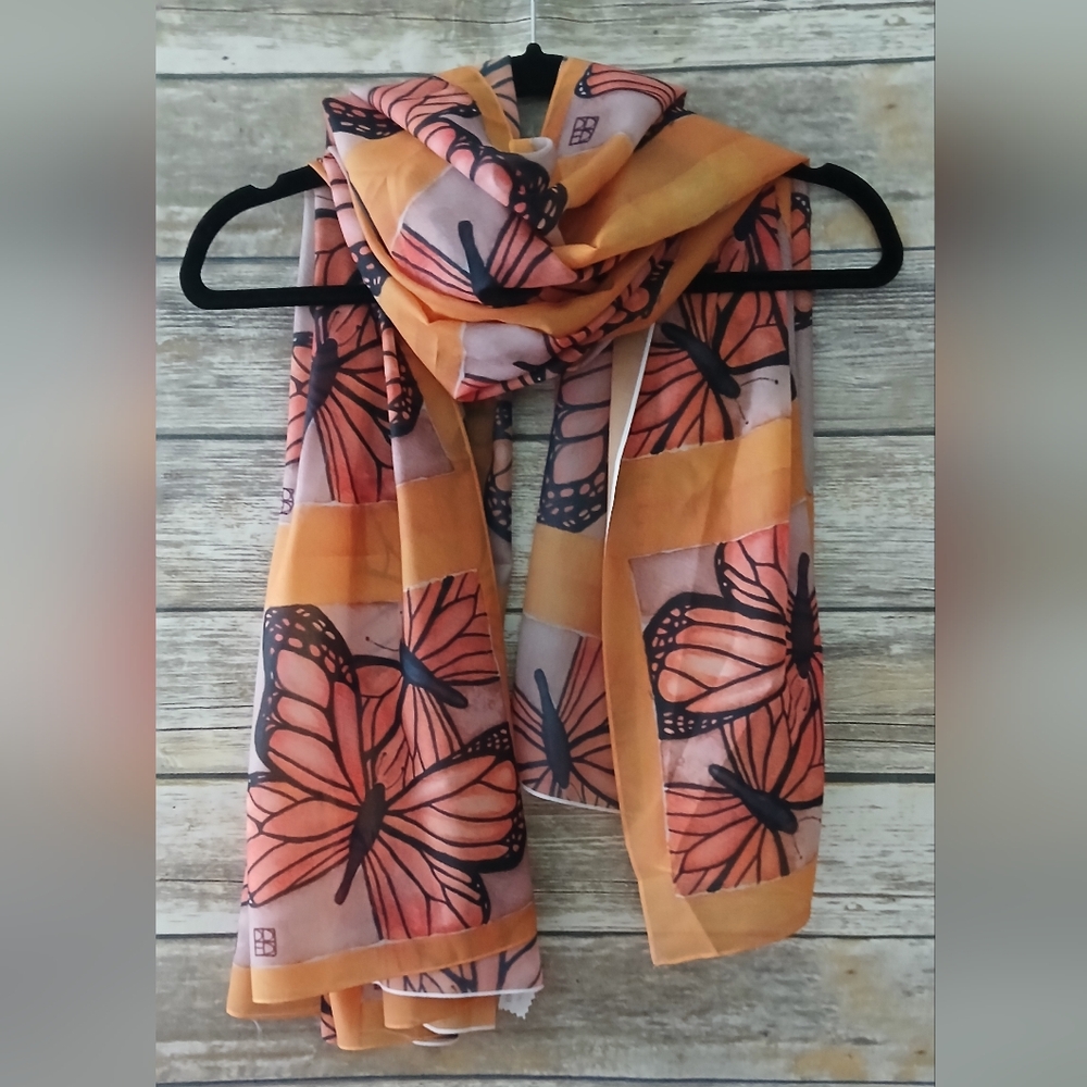Butterfly Print Scarf - Orange and Black, Silky, Extra Large!